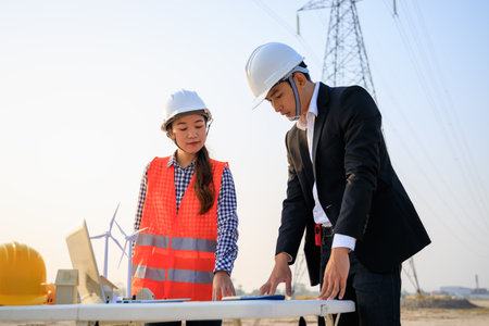 Engineers inspecting construction site plans outsideの写真素材