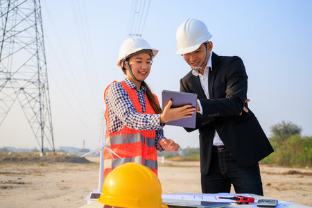 Outdoor consultation between engineers on siteの写真素材