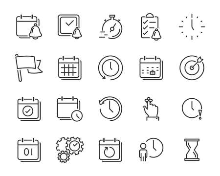 set of time relation vector line icon, such as calendar, reminder, day, year 2019, eventのイラスト素材