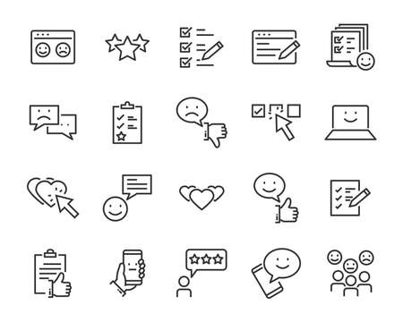 set of feedback line icons, such as, question, review, test, appのイラスト素材