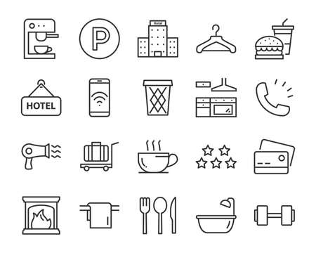 set of hotel icons, such as, bed, domitory, apartment, furniture, bookingのイラスト素材