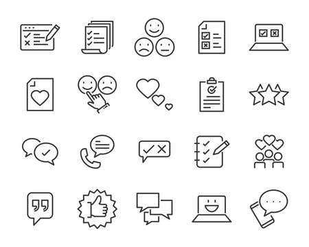 set of feedback line icons, such as, question, review, test, appのイラスト素材
