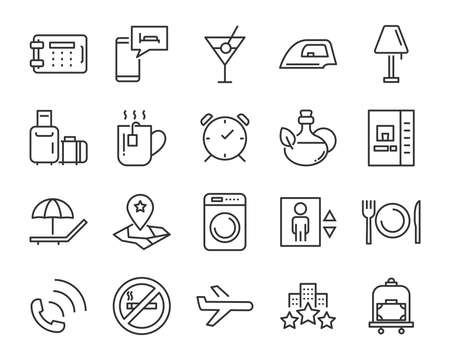 hotel line icons set, such as furniture, booking, bed, park, dinning roomのイラスト素材