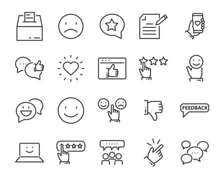 set of feedback line icons, such as, question, review, test, appのイラスト素材