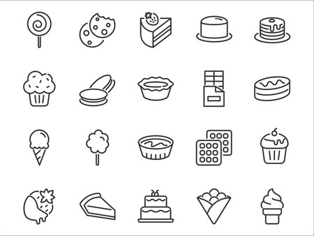 set of dessert thin line icons, bakery, cake, sweet, foodのイラスト素材
