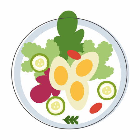 Vector vegetable salad. Organic. Vegetable salad on plate. Vegetable salad in bowl. Salad cartoon illustration.の写真素材