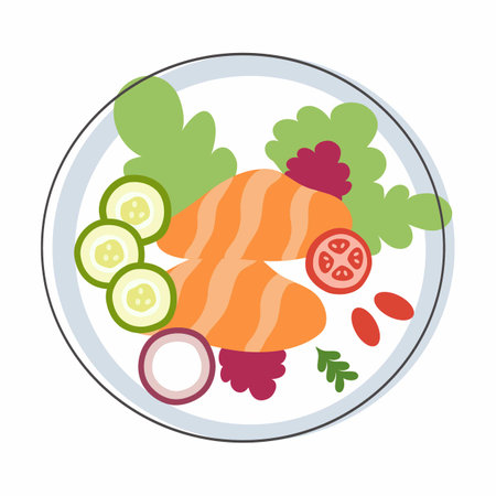 Vector vegetable salad. Organic. Vegetable salad on plate. Vegetable salad in bowl. Salad cartoon illustration.の写真素材