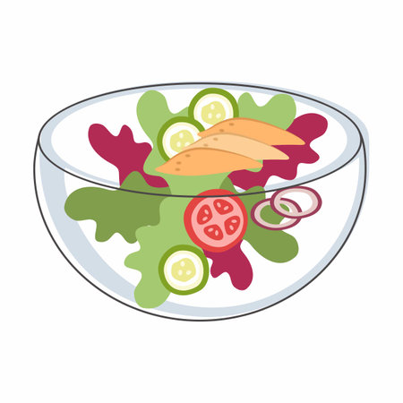 Vector vegetable salad. Organic. Vegetable salad on plate. Vegetable salad in bowl. Salad cartoon illustration.の写真素材