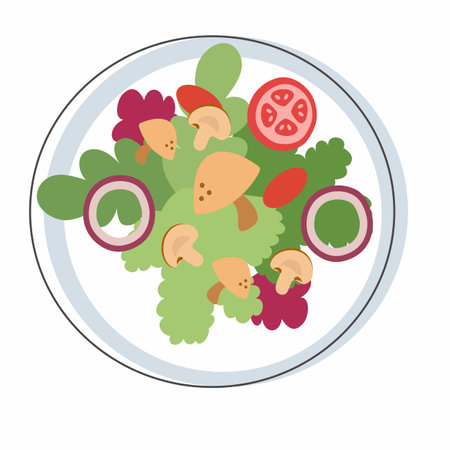 Vector vegetable salad. Organic. Vegetable salad on plate. Vegetable salad in bowl. Salad cartoon illustration.の写真素材