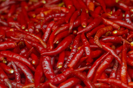 Lots of red chili on street marketの写真素材