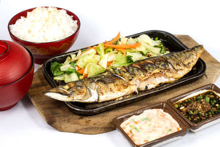 Japanese food style , Saba fish grilled the plate on white backgroundの写真素材