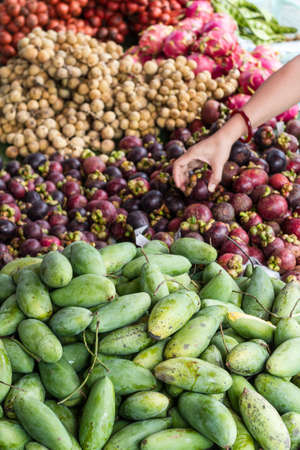 lot of Thai fruit for sale on steet Thailandの写真素材