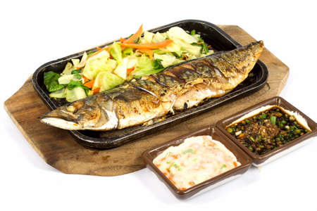 Japanese food style , Saba fish grilled the plate on white backgroundの写真素材