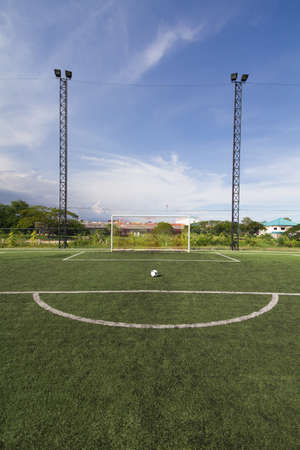 soccer football pitch with green artificial grassの写真素材
