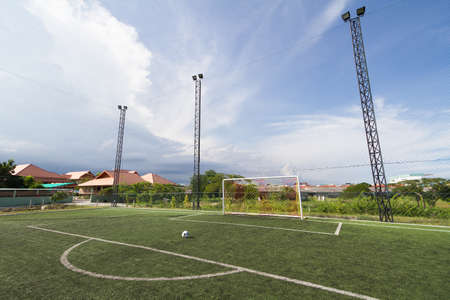soccer football pitch with green artificial grassの写真素材