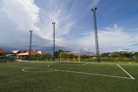 soccer football pitch with green artificial grassの写真素材