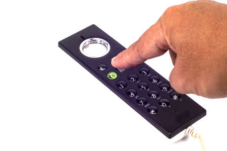 finger man touch the  phone on white background