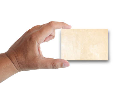 human hand and a small paper on white backgroundの写真素材