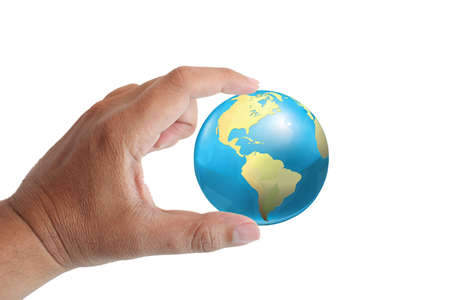 human hand and the earth planet on white backgroundの写真素材