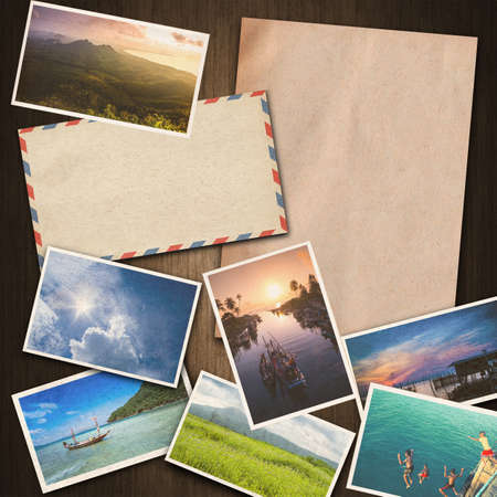 vintage paper , postcard ,envelope on wood backgroundの写真素材