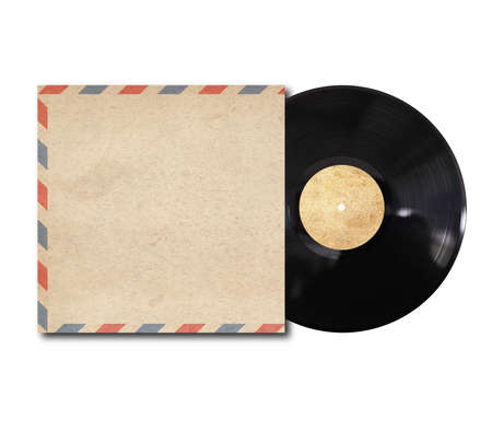 vinyl record with cover on white backgroundの写真素材