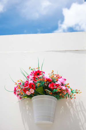 flower on the wood white wallの写真素材