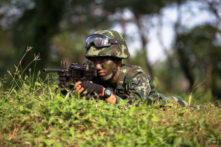 Hua Hin - December  03, 2013: Thai royal army soldier maneuver  03 december ,2013  in Pranburi , Prachuabkirikhan, THAILAND.のeditorial素材