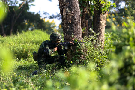 Hua Hin - December  03, 2013: Thai royal army soldier maneuver  03 december ,2013  in Pranburi , Prachuabkirikhan, THAILAND.のeditorial素材