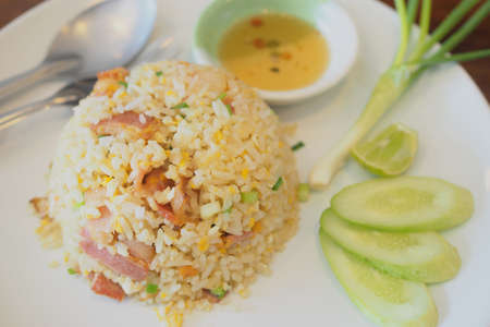 fried rice with baconの写真素材