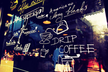 text coffee menu on the mirror coffee shopのeditorial素材