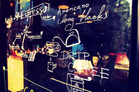 text coffee menu on the mirror coffee shopのeditorial素材