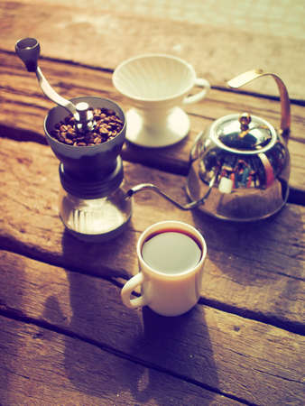 Kit for making drip coffee in vintage color toneの写真素材