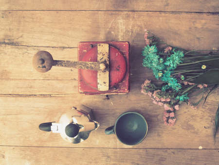 italian coffee maker and flower vintage color style tonedの写真素材
