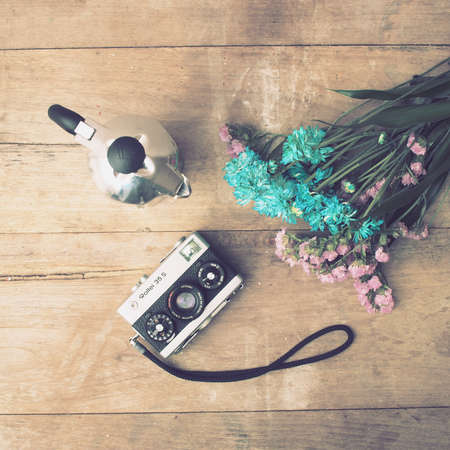 italian coffee maker and flower vintage color style tonedの写真素材