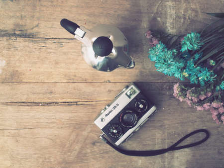 italian coffee maker and flower vintage color style tonedの写真素材