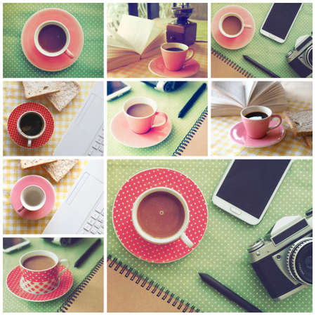 Cup of Coffee in coffee shop vintage color tone style set collegeの写真素材