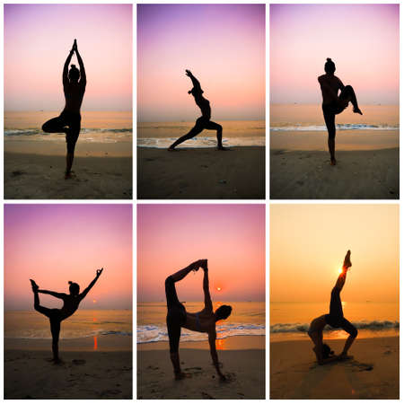 Silhouette young woman practicing yoga on the beach at sunriseの写真素材