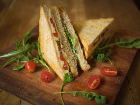 Homemade Sandwich with salmon, Tomato, and Onion