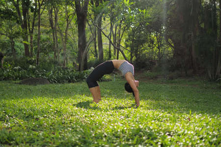 Young woman doing yoga exercises in the garden parkの写真素材
