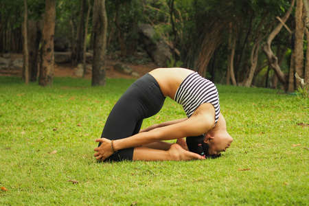 Young woman doing yoga exercises in the garden parkの写真素材