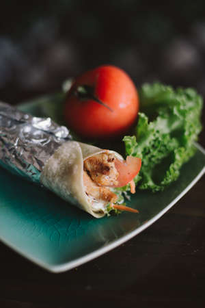 Kebab - grilled meat, bread and vegetablesの写真素材