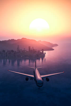 Airplane flying over the city and the beach sunrise 3d rendering lens flare affectの写真素材