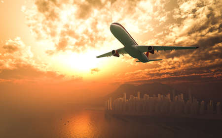 Airplane flying over the city sunrise 3d rendering
