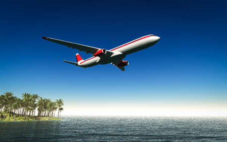 Airplane flying over amazing ocean landscape with tropical island 3d rendering