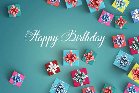 Happy birthday and gift box on color backgroundの写真素材