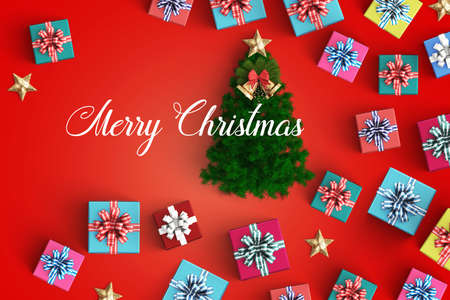 Merry Christmas and gift box on color backgroundの写真素材