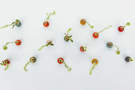 Small multi-colored ceramic beads and flowers on white background.の写真素材