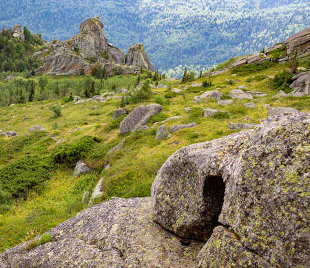 Unusual rocks in the mountains. Nature of mountain Sinyukha, the highest mountain Kolyvan ridge. Altai Krai, Russia.の写真素材