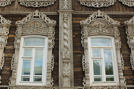 Vintage wooden window with lace curtainの写真素材