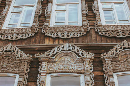 Vintage wooden window with lace curtainの写真素材